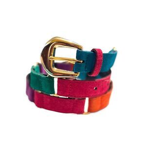 Vibrant Multicolor Leather Belt with Gold Buckle Size Large- Length 31.5”-33.5”